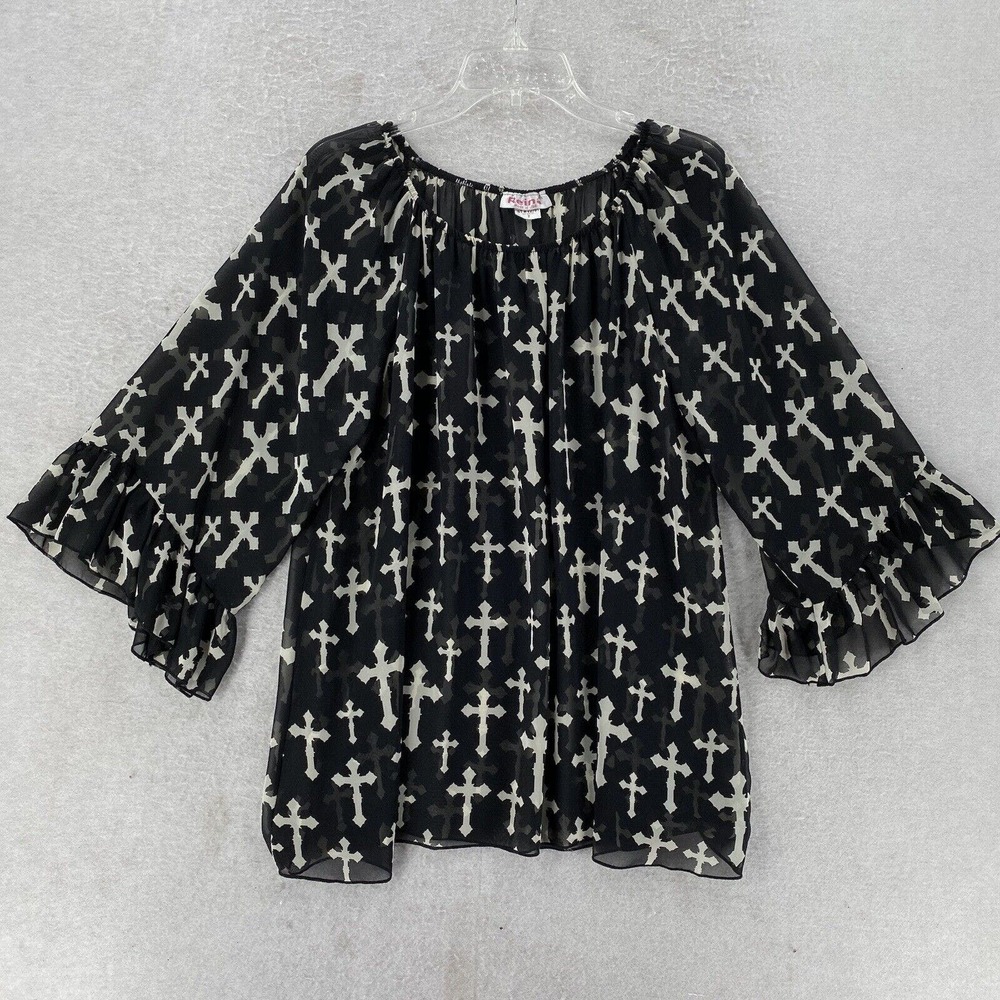 REINA Blouse Womens LARGE Black White CROSSES Sheer Chiffon On‎ OR Off Shoulder
